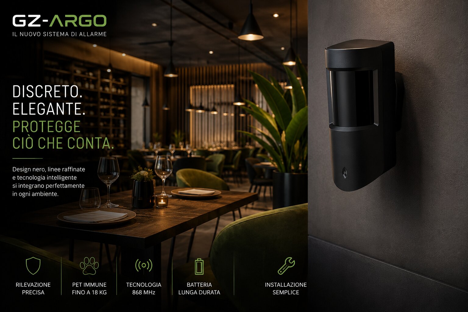 GZ-ARGO-PIR rilevatore PIR wireless interno 12 metri 90 gradi per sistema allarme GZ Argo