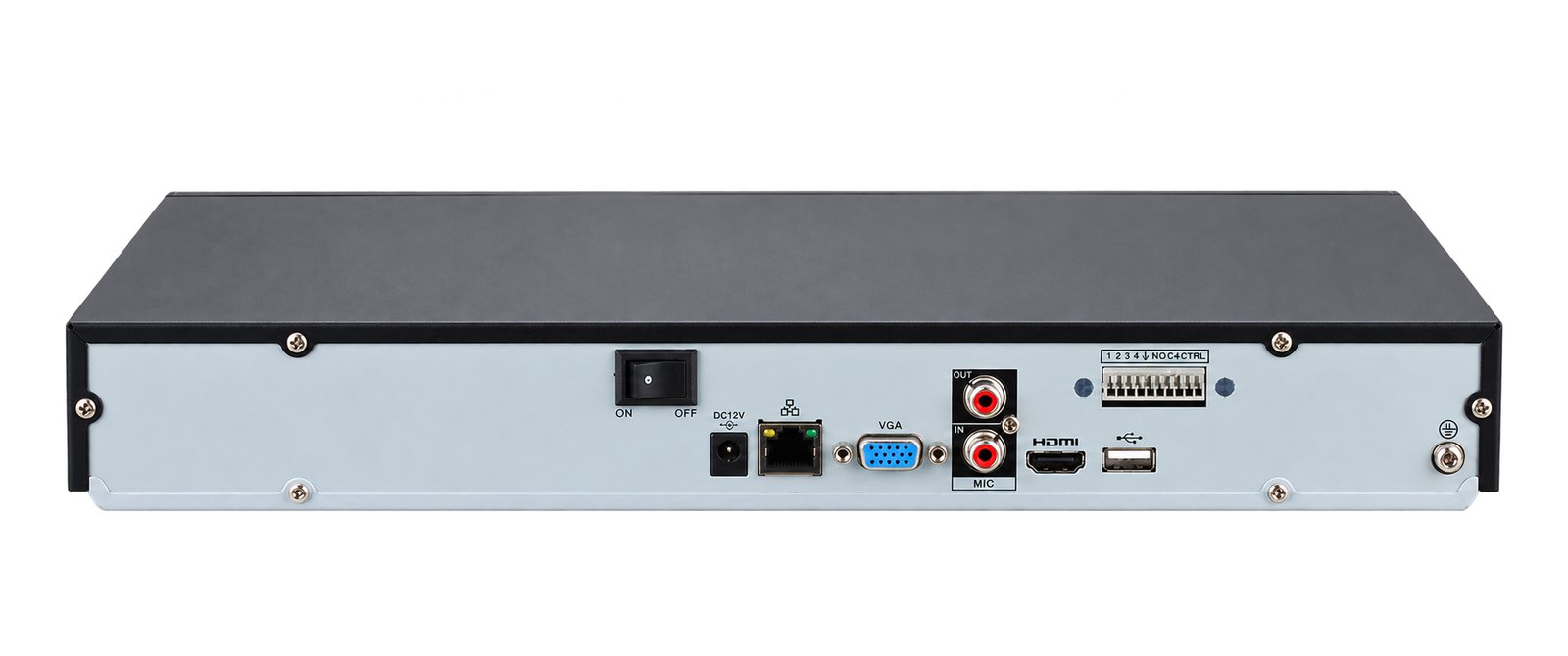 Connessioni posteriori NVR GZSECUTEL GZNVR32-EI con rete, HDMI, VGA, audio e allarmi